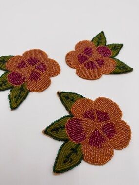 Vintage Beaded Hibiscus Coasters Set of 3 Tropical Floral Orange Handmade